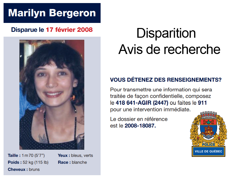 Disparition de Marilyn Bergeron depuis 2008