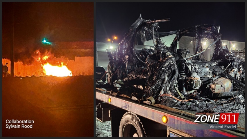 Véhicule électrique complètement en feu à Château-Richer 