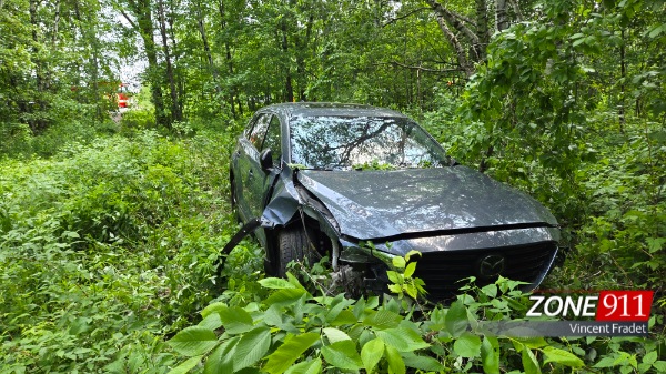 Accident - Une voiture neuve termine sa course dans un boisé